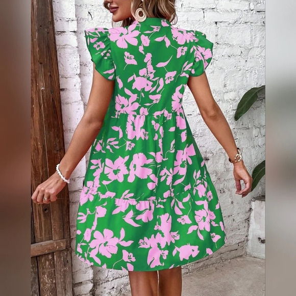 Floral Print Notched Neck Ruffle Trim Smock Dress - Picture 3 of 5